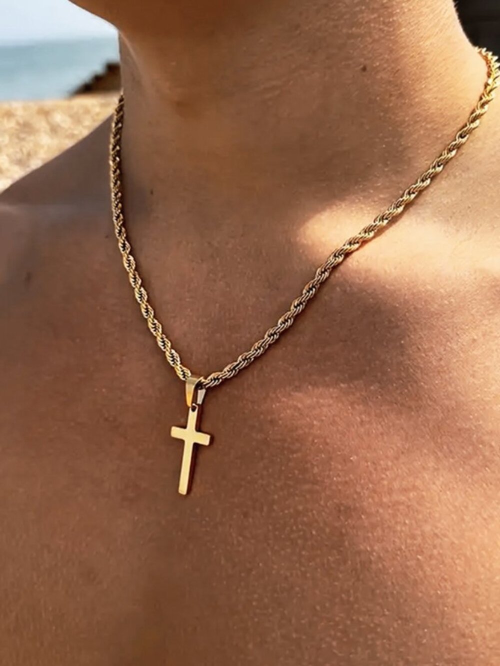 3/$35 NWT 18K Gold Plated Stainless Steel Cross Pendant Rope Chain Necklace Men